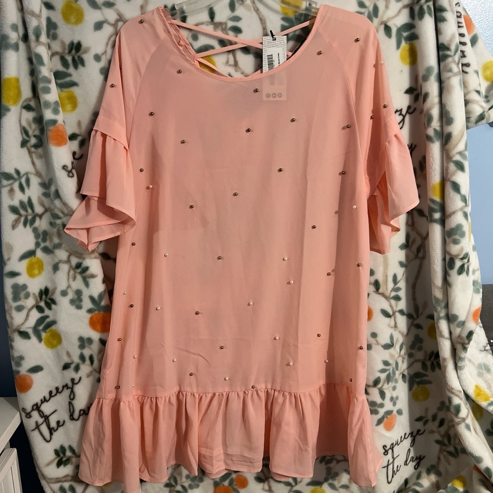 Blush pearl embellished smock dress